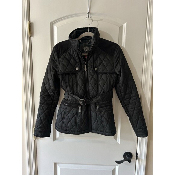 Vince Camuto Size Small Black Quilted Field Jacket Full Zip Elbow Patches - Picture 3 of 13